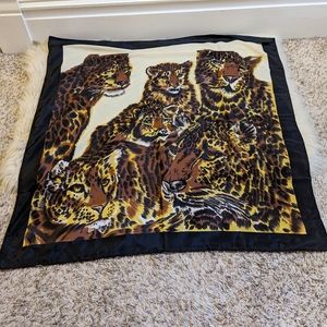 Vintage brown and black square scarf with family of leopards